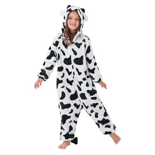 YLLSOPHAN Jungen Mädchen Uni Tier Hoodie Kuh Dinosaurier Frosch Koala Bunny Panda Winter Onesie Pyjama Jumpsuit Schlafstrampler Weiches Fleece Extra Dicke, kuh, 9-10 Years von YLLSOPHAN