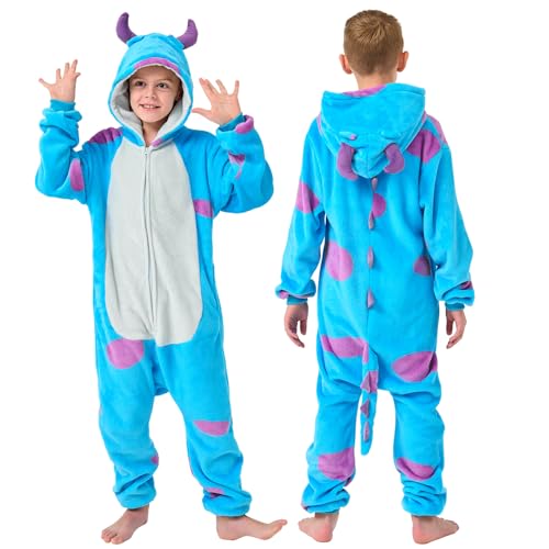 YLLSOPHAN Jungen Mädchen Unisex Tier Hoodie Kuh Dinosaurier Frosch Koala Bunny Panda Winter Onesie Pyjama Jumpsuit Schlafstrampler Weiches Fleece Extra Dicke, Monster Bull, 9-10 Years von YLLSOPHAN