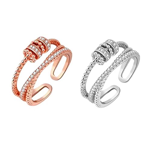 2 Stück 925 Silber Angst Ring für Damen Herren Schütteln Friedensringe für Stress Ring Retro Ringe Verstellbar Offene Ringe mit Perlen Ring Verstellbar Silber von YLLZJ