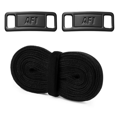 YLOKO Air Force 1 Original Schnürsenkel mit AF1 Metalletiketten, 119,4–137,2 cm, flache Ersatz-Schnürsenkel für Air Force Ones, Herren und Damen Sneakers, Schwarze Etiketten und schwarze Schnürsenkel von YLOKO