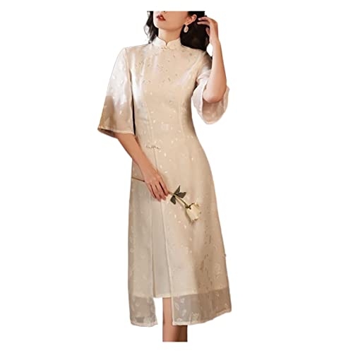 YLWX Ao Dai Vietnamesisches Kleid for Frauen Cheongsam Frühling Und Sommer Täglich Ao Dai Kleid Mit Großen Ärmeln for Mädchen Split Qi Pao (Color : Beige, Size : L) von YLWX