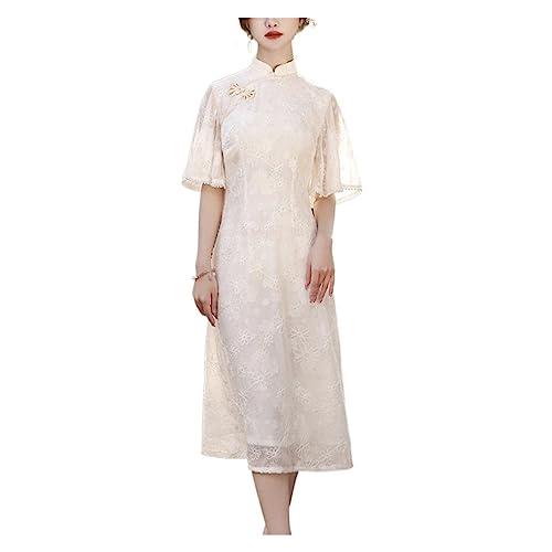 YLWX Chiffon Besticktes Ao Dai Vietnamesisches Kleid Cheongsam, Vintage Qipao Frühling Sommer, Modische Schicke Abendpartykleider (Color : Beige, Size : S) von YLWX