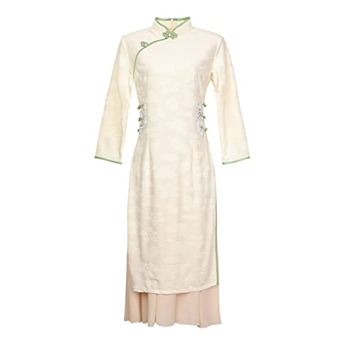 YLWX Gestricktes Jacquard-Langarm-Ao Dai-Vietnamesisches Kleid Cheongsam, Herbsttemperament Tägliches Chinesisches Kleid Qipao (Color : Weiß, Size : XL) von YLWX