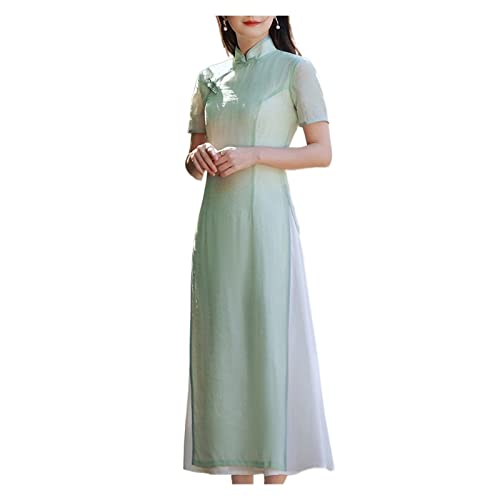 YLWX Hellgrünes Ao Dai vietnamesisches Kleid Cheongsam, langes, schlankes, Elegantes Retro-Kleid for Frauen, Split Qipao Summer (Color : GrüN, Size : L) von YLWX