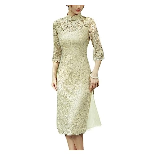 YLWX Sommer Ao Dai Vietnamesisches Kleid, Grünes Langes Schlankes Chinesisches Cheongsam, Tägliches Temperamentvolles Qipao-Kleid Mit Blumenmuster, Eleganter Vintage (Color : GrüN, Size : L) von YLWX