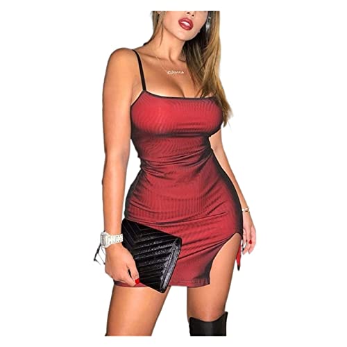 YLWX Spaghetti-Träger-Mesh-Bleistiftkleid, Figurbetontes Split-Mesh-Partykleid, Sommer-Mini-Abendkleider for Damen (Color : Rot, Size : S) von YLWX