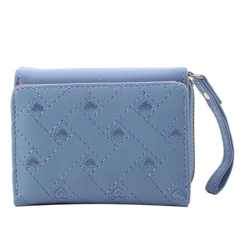 YLXCKGS Geldbörse Damen Geldbörse Tri Fold Kartentasche Pu Multi Objekte Tasche Short Mode Bestickte Liebe Muster Minimalist-Blau von YLXCKGS