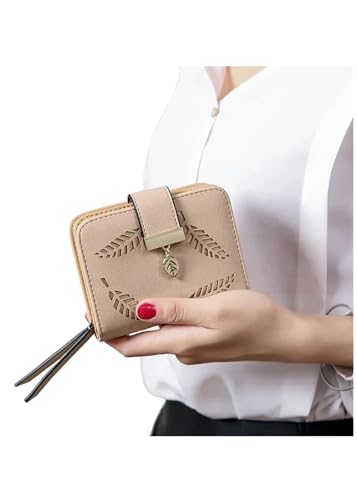 YLXCKGS Geldbörse Mode Frauen Geldbeutel Kurzer Reißverschluss Brieftasche Frauen Leder Kleine Frauen Brieftaschen Clutch Bag Mit Hohlen Blättern-Khaki von YLXCKGS