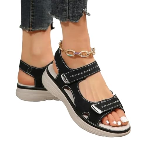 YLXCKGS Sandalen Damen Sommer Hakenschleife Sandalen Frauen Sommer Leder Leichte Freizeit Keilplattform Schuhe Mädchen Außerhalb Anti-Slide-Schwarz-36 von YLXCKGS