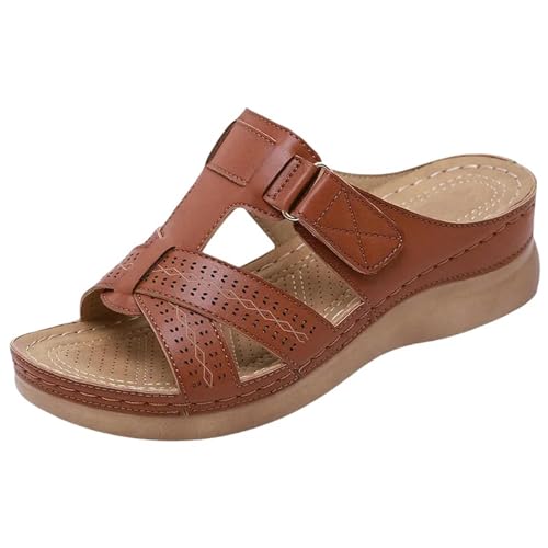 YLXCKGS Sandalen Damen Sommer Keilsandalen Premium Orthopädische Offene Toe Vintage Anti-Rutsch Leder Lässig Weibliche Plattform Retro Schuhe-Dunkelbraun-41 von YLXCKGS