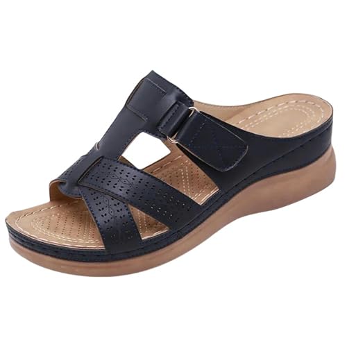 YLXCKGS Sandalen Damen Sommer Keilsandalen Premium Orthopädische Offene Toe Vintage Anti-Rutsch Leder Lässig Weibliche Plattform Retro Schuhe-Schwarz-36 von YLXCKGS