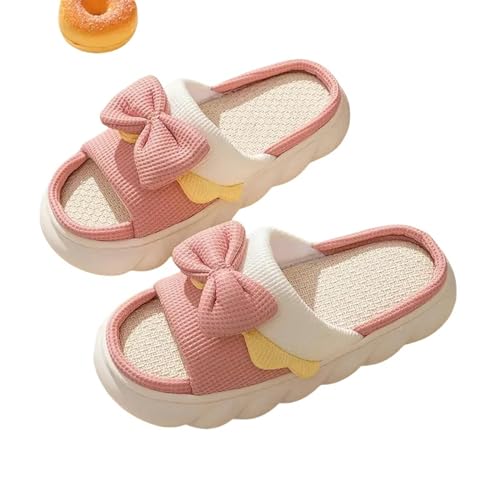 YLXCKGS Sandalen Damen Sommer Leinenschuhe Innenkomzy Anti-Rutsch-Baumwollschuhe Süße Bogenknoten-Flache Paare Objektträger Frühling-Rosa-36-37 von YLXCKGS