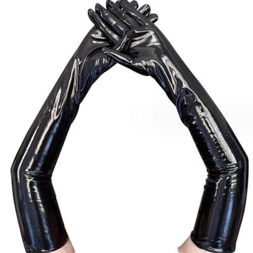 YLYMWJ Lange Ellenbogenhandschuhe Schwarz Glänzend Lackleder Handschuhe Oper Party Abend Geraffte Ellenbogenlänge Handschuhe Halloween Handschuhe, Schwarz , 21*3.7inch/53*9.5cm von YLYMWJ