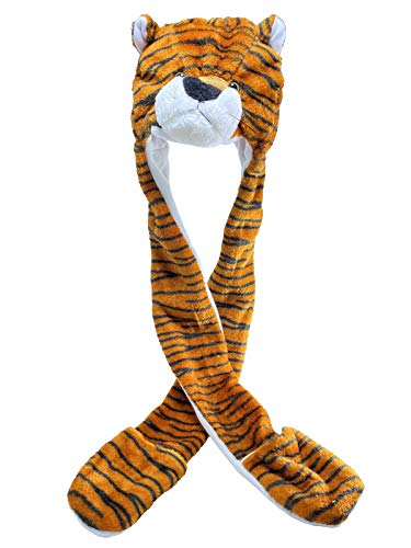 YLfly Plüsch Tier Mütze 3 in 1 Beanie mit langem Schal Fäustling Combo Full Pockets Ohr Cap Hoodie Handschuhe Weihnachten Halloween Party Kostüm, tiger, M von YLfly