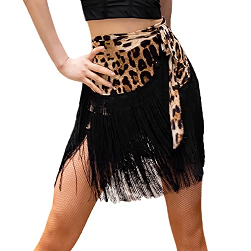 Damen Ballsaal Latin Salsa Tango Quaste Tanzrock Skate Wrap Schal Tanzkleidung, Leopardenmuster, Schwarz, Einheitsgröße von YM YOUMU