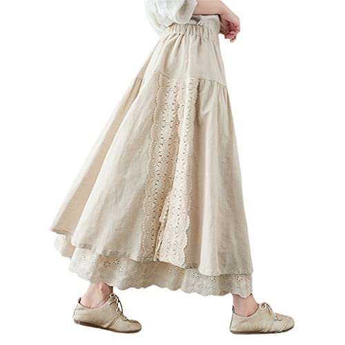 Damen Baumwolle Leinen Stickerei Spitze Maxi Rock Doppellagig Elastische Taille A-Linie Ethno Röcke, Beige, Groß von YM YOUMU