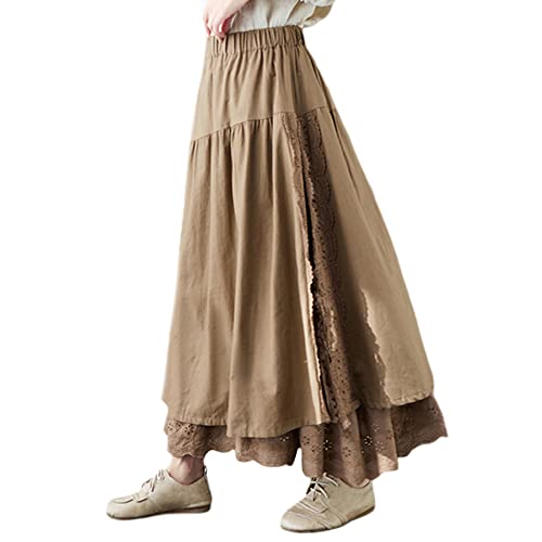 Damen Baumwolle Leinen Stickerei Spitze Maxi Rock Doppellagig Elastische Taille A-Linie Ethno Röcke, Khaki, X-Groß von YM YOUMU