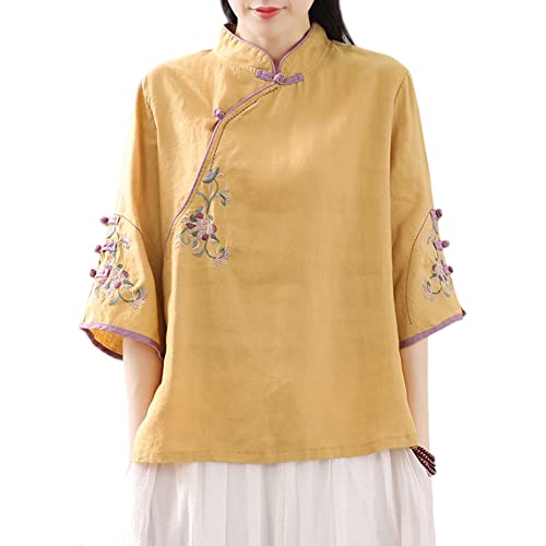 Damen Chinesische Stickerei Blumen Bluse Top 3/4 Ärmel Frosch Knopf Ethno Shirt, gelb, 4X-Groß von YM YOUMU