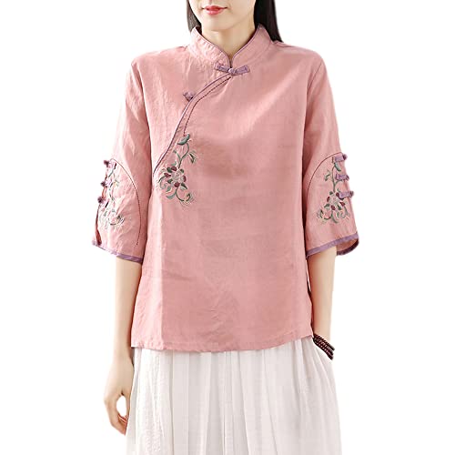 Damen Chinesische Stickerei Blumen Bluse Top 3/4 Ärmel Frosch Knopf Ethno Shirt, rose, 4X-Groß von YM YOUMU