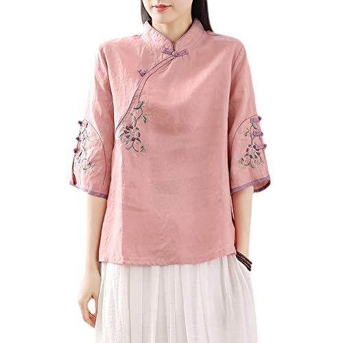 Damen Chinesische Stickerei Blumen Bluse Top 3/4 Ärmel Frosch Knopf Ethno Shirt, rose, XX-Large von YM YOUMU