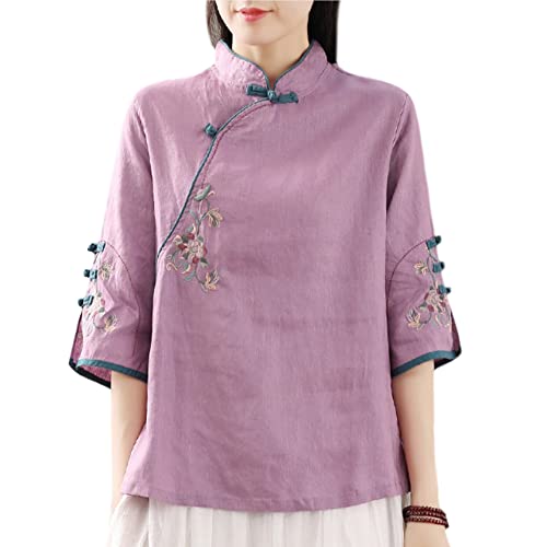 Damen Chinesische Stickerei Blumen Bluse Top 3/4 Ärmel Frosch Knopf Ethno Shirt, violett, X-Groß von YM YOUMU