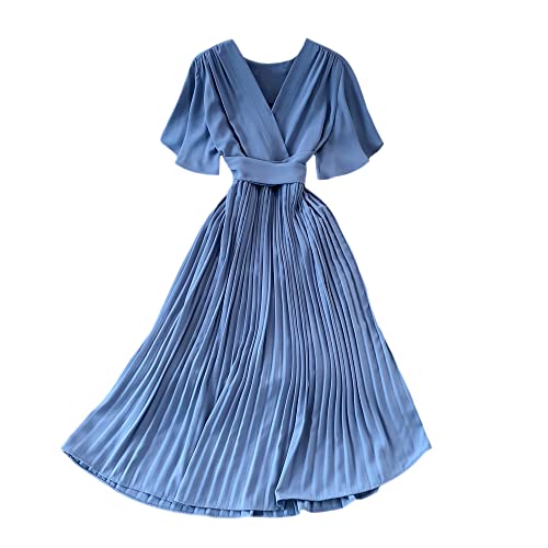 Damen Faux Wrap V Ausschnitt Flattern Kurzarm Taille Elegant Plissee Midi Flowy Cocktail Jäten Party Kleid, blau, Einheitsgröße von YM YOUMU