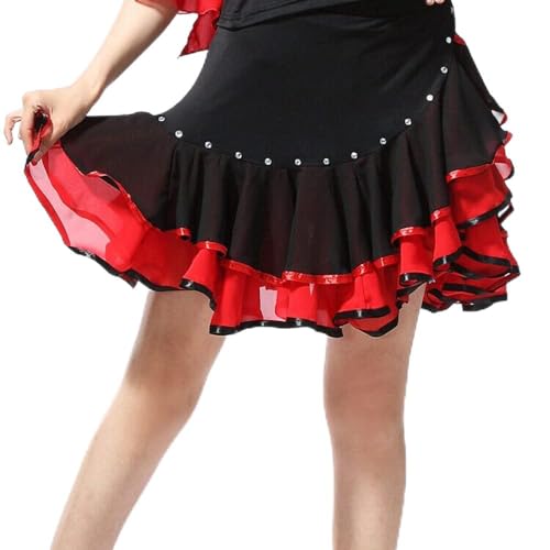 Damen Hohe Taille Rüschen Latein Tanzrock für Salsa Tango Rumba Cha Cha Ballroom, 01 Rot, X-Groß von YM YOUMU