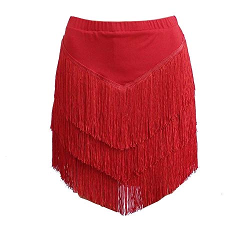 Damen Lateinischer Rock Tango Rumba Dancewear Ballroom Fransen Quasten mit Shorts Innen (A-Rot, Tag XL/Waist 29.9") von YM YOUMU