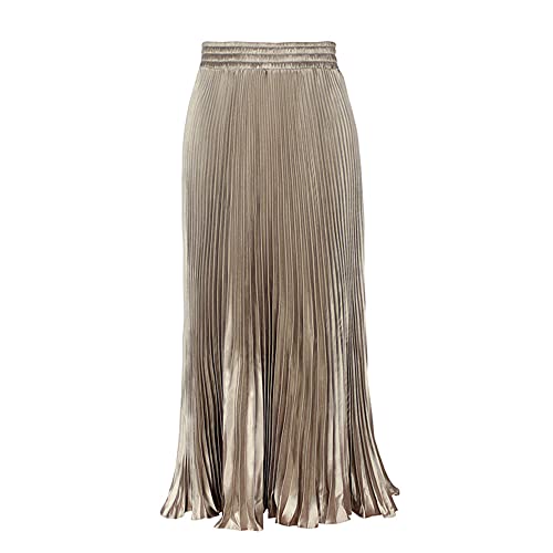 Damen Metallic Plissee unregelmäßige Länge Midi Rock elastisch hohe Taille Swing Flare Meerjungfrau Rock, champagnerfarben, Einheitsgröße von YM YOUMU