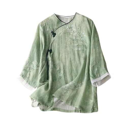 Damen-Sommer-Bluse mit 3/4-Ärmeln, traditioneller Mandarinenkragen, ethnisch, Baumwolle, Leinen, Qipao-Hemd, E025 Hellgrün, X-Groß von YM YOUMU