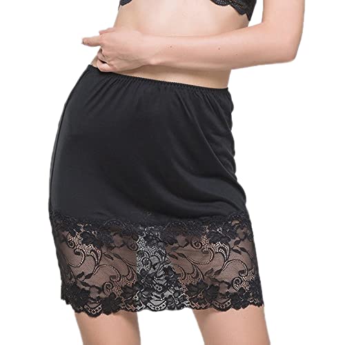 Damen Über Knielänge Breit Durchscheinende Blumen Spitzenbesatz Half Slip Elastische Taille Weicher Unterrock für Unterkleid, Schwarze Spitze, M von YM YOUMU