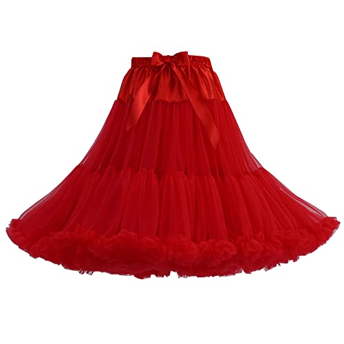 YM YOUMU 55cm Länge Frauen Puffy Tüll Petticoat Rock Verstellbare Taille Tutu Rock für Cosplay Prinzessin Hochzeit Kleid, rot, One size von YM YOUMU