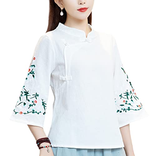 Qipao Damen-Bluse, chinesisches Blumenmuster, mit Schößchen, Ethno-Mandarinenkragen, ausgestellte Ärmel, Weiß, X-Large Zierlich Qipao Damen-Bluse, chinesisches Blumenmuster, mit Schößchen, Ethno-Mandarinenkragen, ausgestellte Ärmel, Weiß, X-Large Zierlich von YM YOUMU