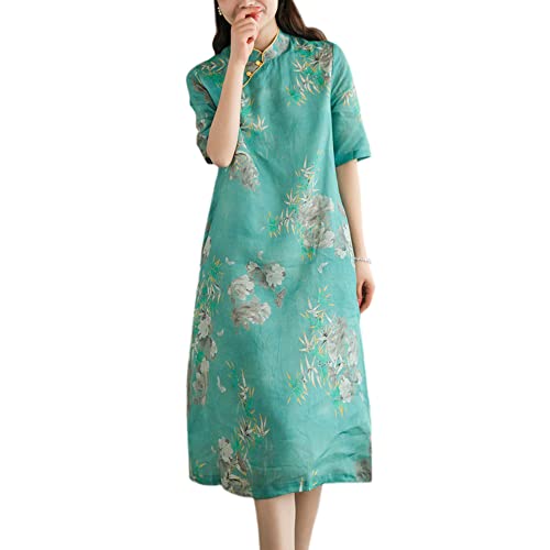Qipao-Kleid für Damen, Blumenmuster, Bambus-Druck, Baumwolle, Leinen, traditionelles chinesisches Cheongsam-Kleid, A-grün, Mittel von YM YOUMU