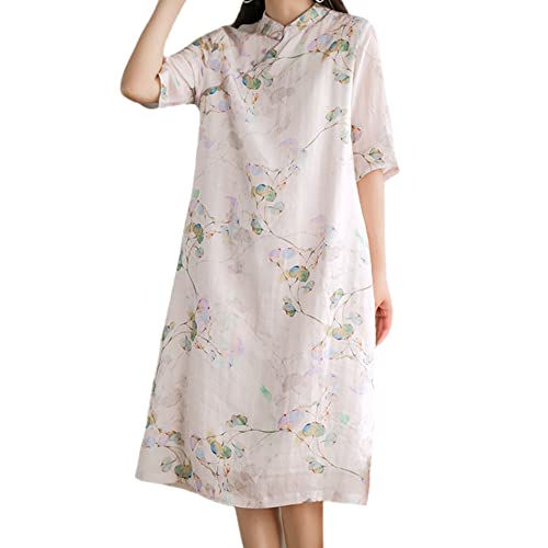 Qipao-Kleid für Damen, Blumenmuster, Bambus-Druck, Baumwolle, Leinen, traditionelles chinesisches Cheongsam-Kleid, B-beige, X-Groß von YM YOUMU