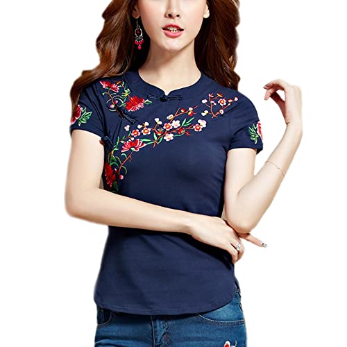 Traditionelle chinesische Damen-Bluse, bestickt, kurze Ärmel, Frosch-Knöpfe, schmale Passform, Cheongsam-Hemd, marineblau, Large Zierlich von YM YOUMU