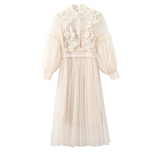 YM YOUMU Damen Blumenstickerei Spitzenkleid Puffhülse Aushöhlen Maxirock Jahrgang Party Netzkleid mit Cami (Beige, Einheitsgröße) von YM YOUMU