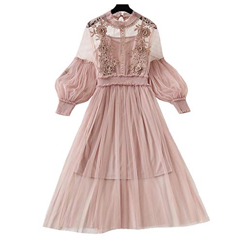YM YOUMU Damen Blumenstickerei Spitzenkleid Puffhülse Aushöhlen Maxirock Jahrgang Party Netzkleid mit Cami (Rosa, Einheitsgröße) von YM YOUMU
