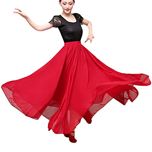 YM YOUMU Damen Chiffon Spanisch Flamenco Tanzen Schaukelröcke Tanzkleidung 2 Schichten Modern Tanzen Langes Kleid (Burgund, 540 Grad) von YM YOUMU