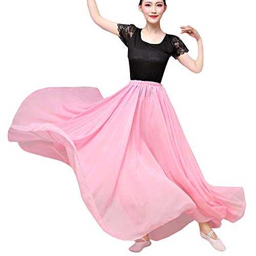 YM YOUMU Damen Chiffon Spanisch Flamenco Tanzen Schaukelröcke Tanzkleidung 2 Schichten Modern Tanzen Langes Kleid (Rosa, 720 Grad) von YM YOUMU