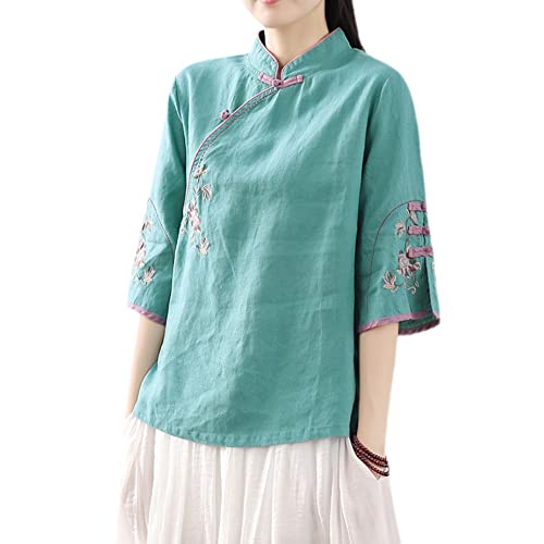 YM YOUMU Damen Chinesische Stickerei Blumen Bluse Top 3/4 Ärmel Frosch Knopf Ethno Shirt, blau, XXL von YM YOUMU