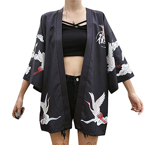 YM YOUMU Damen Japanese Blumen Kimono Strickjacken 3/4 Ärmel Lose Yukata Mäntel Beiläufig Tops (Schwarzer Kranich, Einheitsgröße) von YM YOUMU