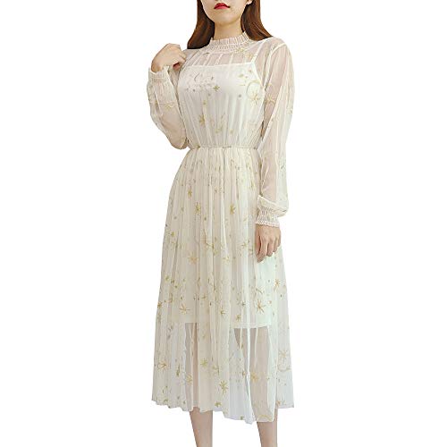 YM YOUMU Damen Lolita Rüschenkleid Puffärmel Prinzessinenkleid Gestickte Tüllröcke (Aprikose, Asiatische Größe L) von YM YOUMU