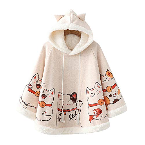 YM YOUMU Damen Mädchen Umhang Umhang Mantel Winter Fleece Ohr Kapuze Baggy Poncho Japanisch Kawaii, Glückskatze, Einheitsgröße von YM YOUMU