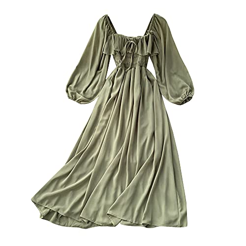 YM YOUMU Damenkleid mit langen Puffärmeln, Chiffon, gesmokte Brust, zum Binden an der Vorderseite, für Hochzeit, Party, grün, One size (für kleinere Personen) von YM YOUMU