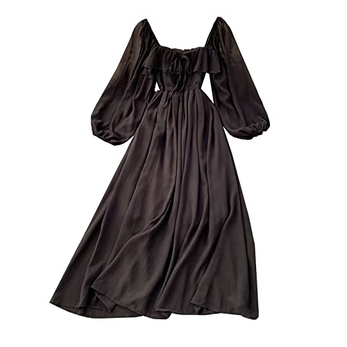 YM YOUMU Frauen Sommer Lange Puffärmel Chiffon Gesmokte Büste Kleid Krawatte Vorne für Hochzeit Party, Schwarz , One size (für kleinere Personen) von YM YOUMU