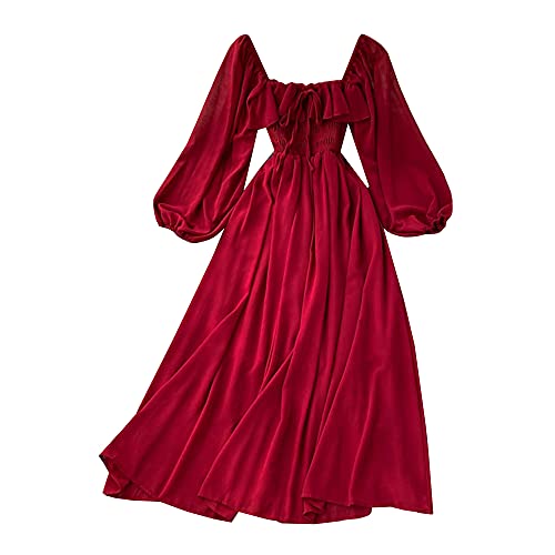 YM YOUMU Frauen Sommer Lange Puffärmel Chiffon Gesmokte Büste Kleid Krawatte Vorne für Hochzeit Party, rot, One size (für kleinere Personen) von YM YOUMU