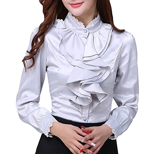 YM YOUMU Damen Vintage Stehen Bluse Top Kunstseide Rüschen Lange Ärmel Büro Hemd Gr. M, hellgrau von YM YOUMU