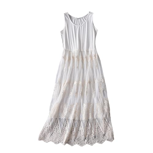 YM YOUMU Damenkleid aus Baumwolle, florales Spitzen-Patchwork-Kleid für Unterkleid, 110 cm Länge, Style 02-weiß, Einheitsgröße von YM YOUMU