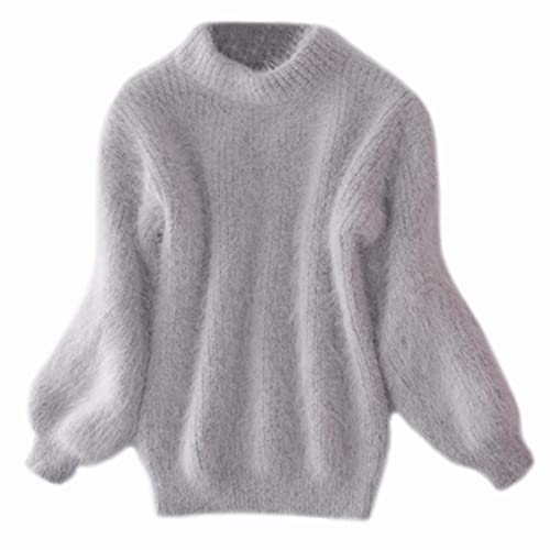 YM YOUMU Frauen Faux Mohair Pelz Sweatshirt Flauschiger Pullover Zur Seite Fahren Rollkragen Hauchhülse Warm (Grau, Einheitsgröße) von YM YOUMU